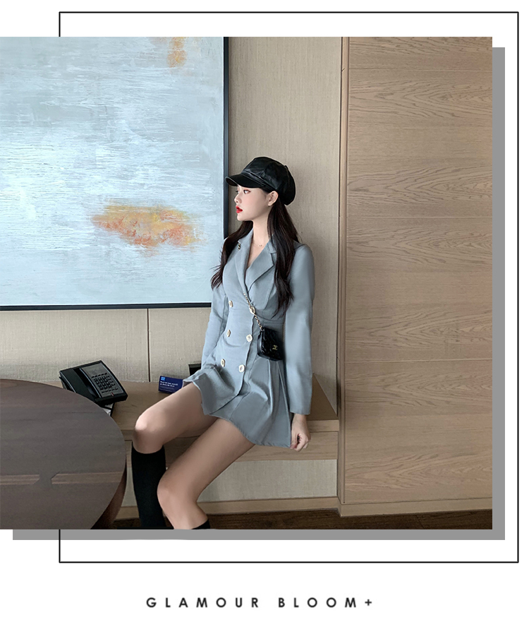 VK旗艦店 韓系小西裝百褶收腰顯瘦雙排釦長袖洋裝