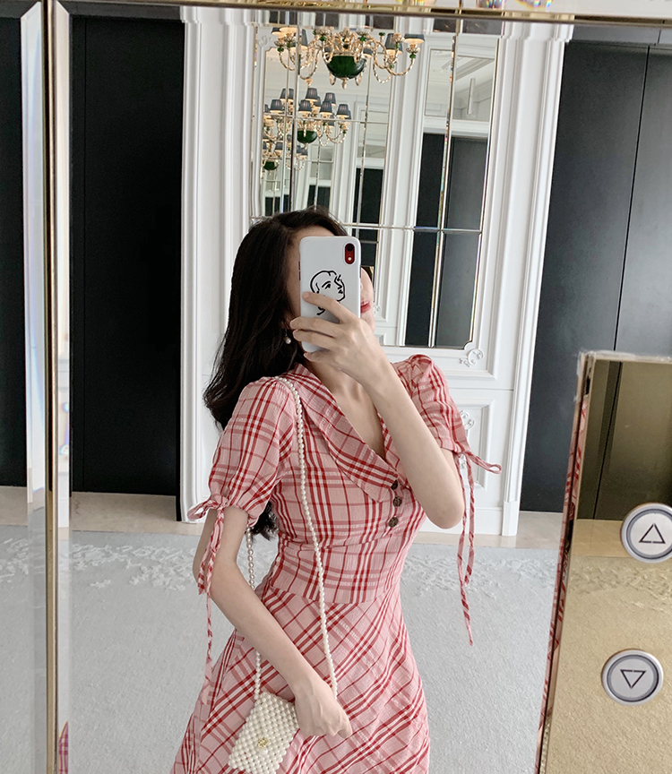 VK旗艦店 韓系娃娃領高腰袖子扎帶顯瘦格紋短袖洋裝