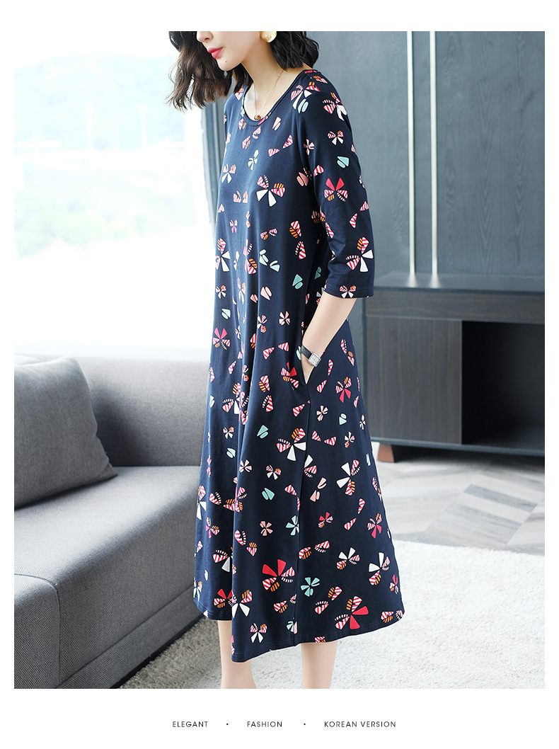 Váy xuân hè 2019 nữ mới size rộng đầu gối dài váy cotton giản dị đầu thu tay áo hoa - Váy dài đầm 2 dây suông dài