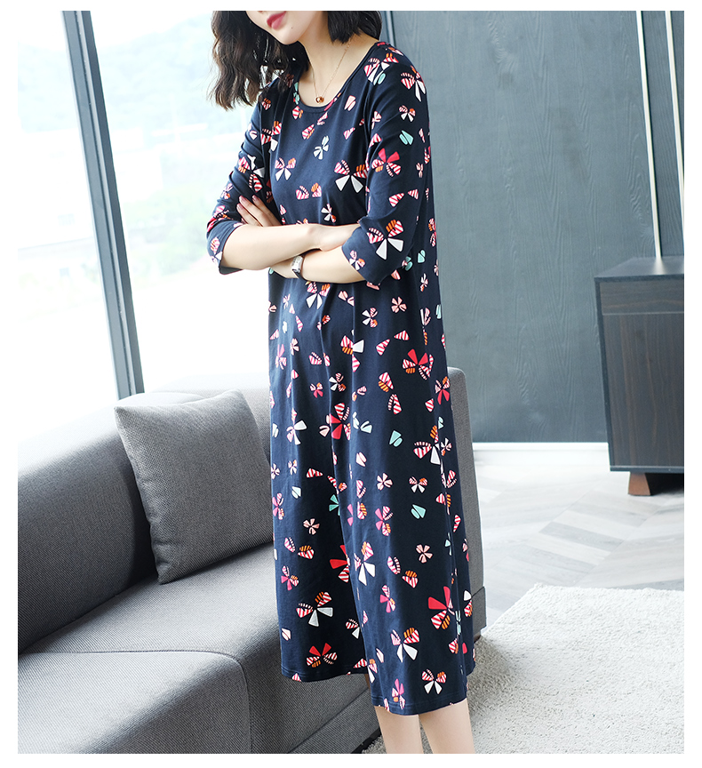 Váy xuân hè 2019 nữ mới size rộng đầu gối dài váy cotton giản dị đầu thu tay áo hoa - Váy dài đầm 2 dây suông dài