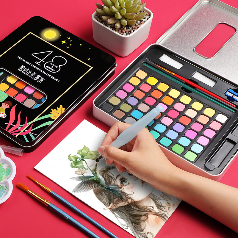 48 colors solid watercolor paint set beginner art painting tool set hand-painted professional watercolor paint portable solid gouache paint dispensing student children's painting paint box