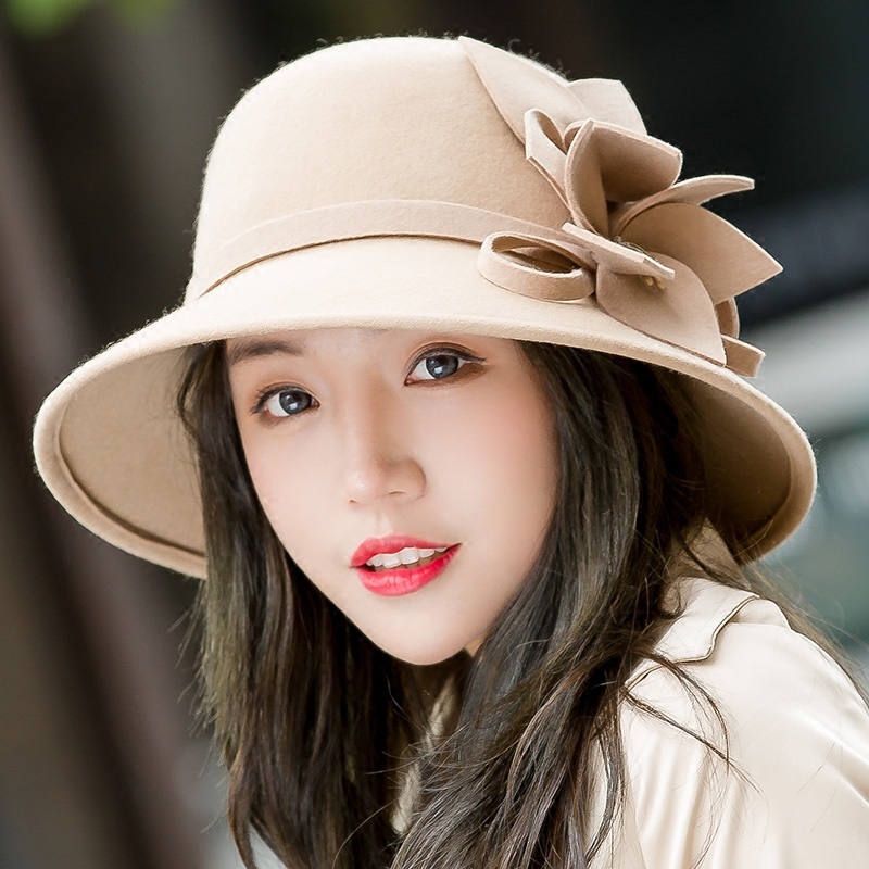 Women's Autumn and Winter Wool Felt Hat, Fashionable and Elegant Felt Hat, Versatile Retro Wide-Brimmed Hat, Floral Bucket Hat, Cloche Hat