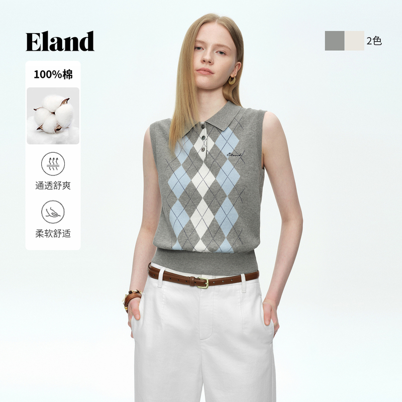 [100% Cotton] Eland Women's Fashion Sleeveless Color-Block Quilted Vest 2026 Summer New Style