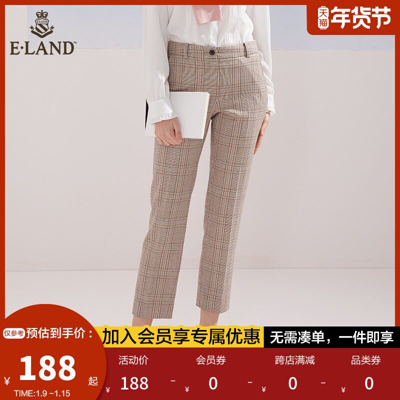 ELAND clothes love spring and summer trousers women's plaid straight tube slim casual suit pants ankle-length pants