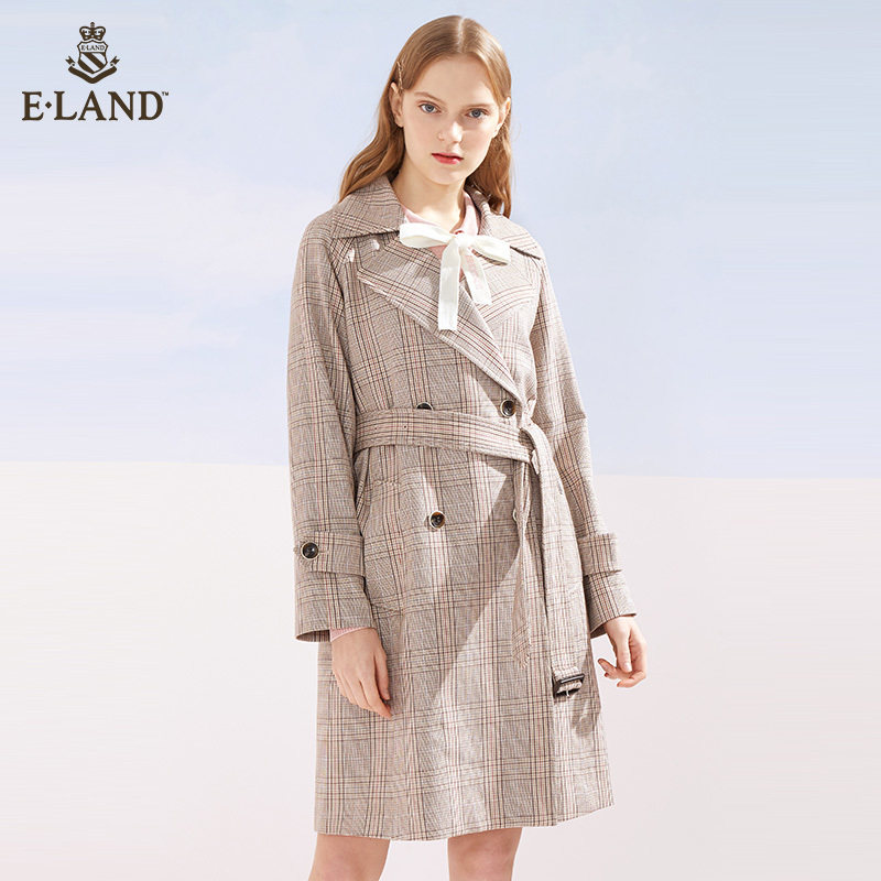 ELAND clothes love spring and autumn fashion temperament classic color color plaid waist casual long version of windbreaker female temperament female