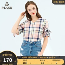 ELAND Clothes Romance Spring Summer Fashion Law Style Small Crowd Design Sensation V Collar Short Sleeve Plaid Pure Cotton Shirt Blouse