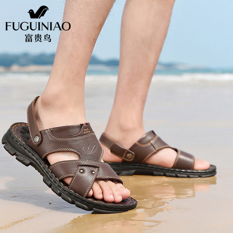 Rich bird men's shoes leather in 2022 new summer outside wearing soft - sole daddy shoes men out of the beach shoes