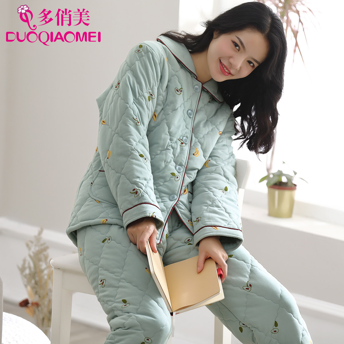 Multiplayful Pajamas Woman Winter Pure Cotton Clip Cotton Autumn Winter New Long Sleeve Home Suit Thickened Warm Full Cotton