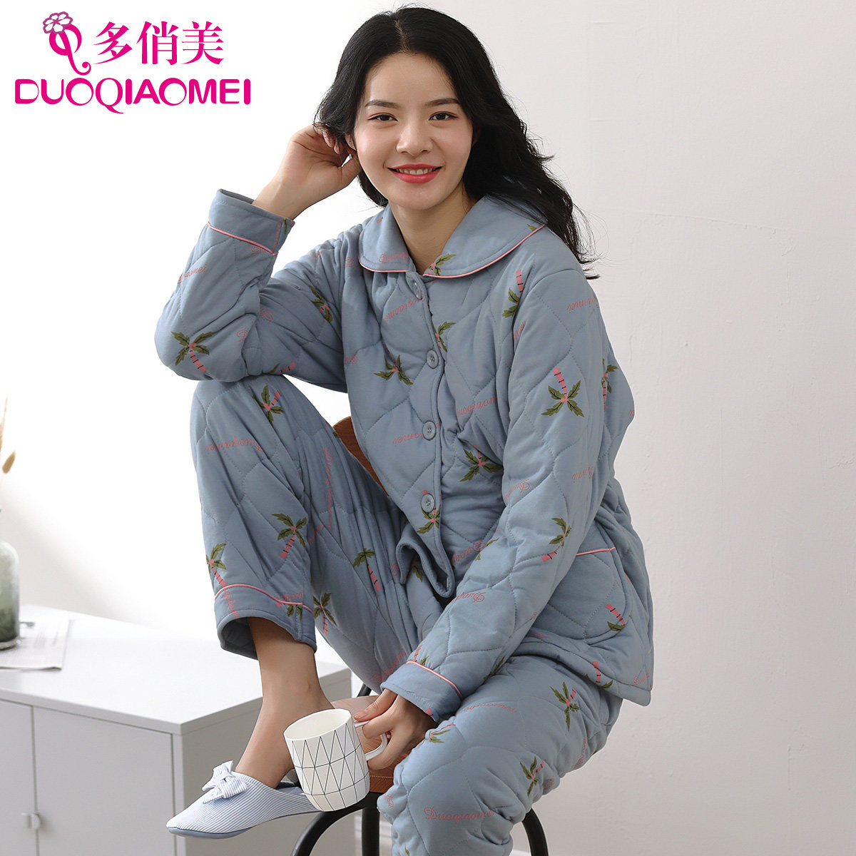 Multiplayful Beauty Autumn Winter Pure Cotton Pyjamas Woman 2022 New Clip Cotton Thickened Winter Home Clothing Suit Plus Cotton Padded Jacket