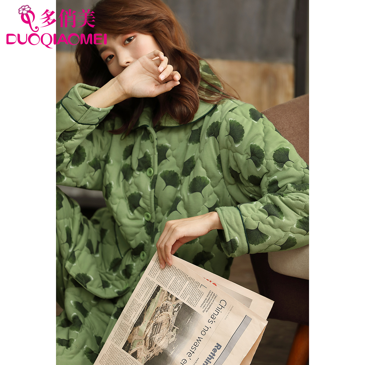 Korean version pyjamas women's autumn winter style pure cotton clip cotton thickened warm and cotton padded jacket All cotton Winter Grand size Sizes Home Suit Suit