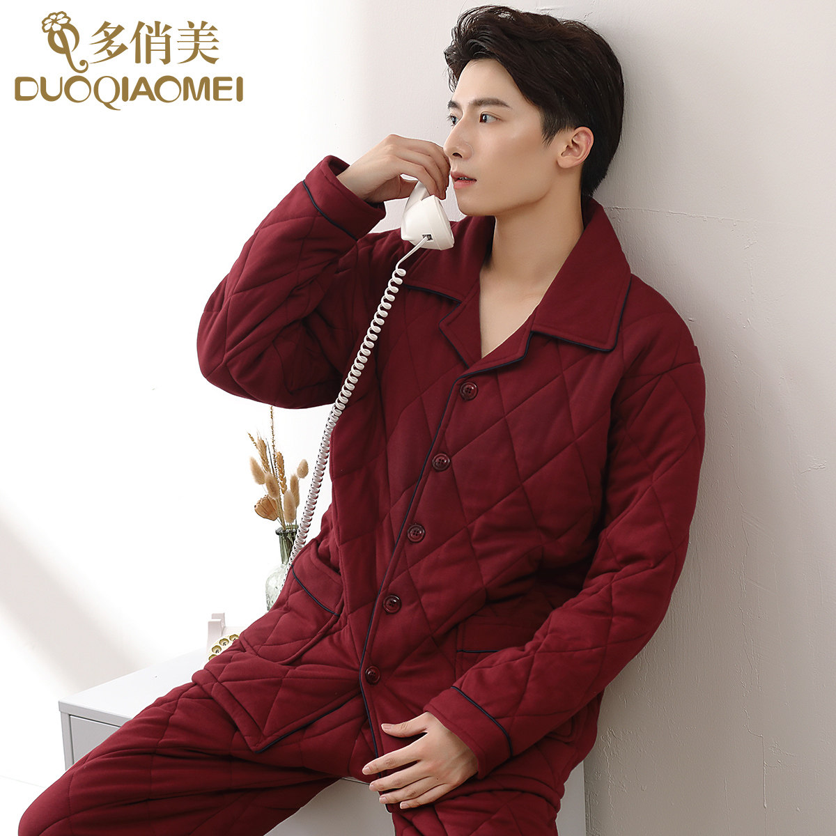 Pure cotton quilted pajamas set men's winter red cotton thickened warm autumn and winter home service men's zodiac year