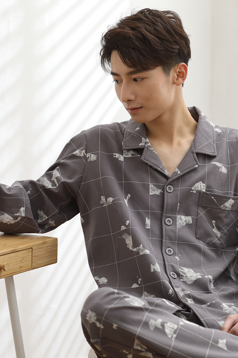 Plaid men's pajamas spring and autumn thin section Autumn and winter long-sleeved pure cotton fashion large size cotton home wear suit winter section