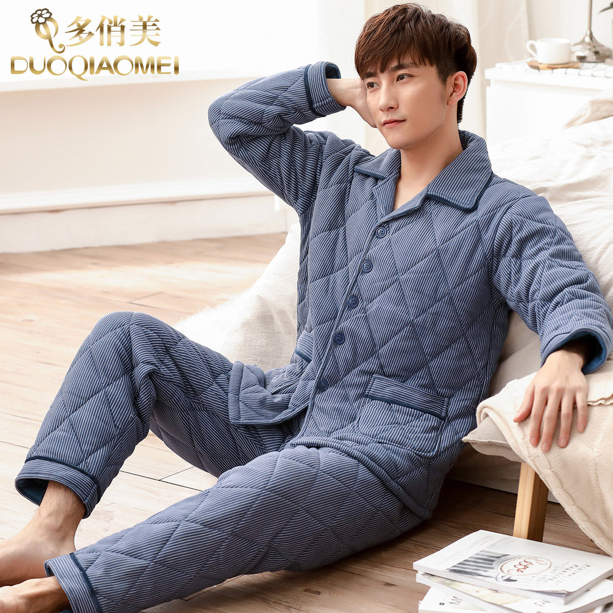 Cotton cotton pajamas set men's autumn and winter winter men's cotton padded warm home clothing men's