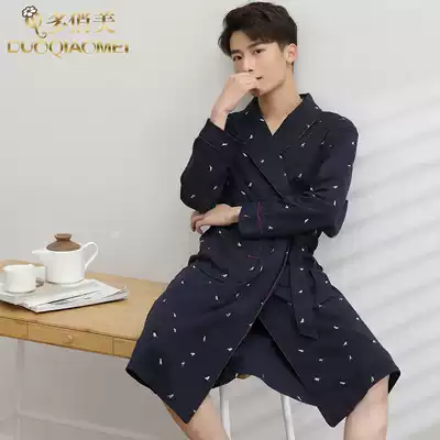 Autumn and winter thin nightgown men's pajamas Spring and autumn bathrobes pure cotton long-sleeved Japanese kimono morning robe Men's cotton yukata