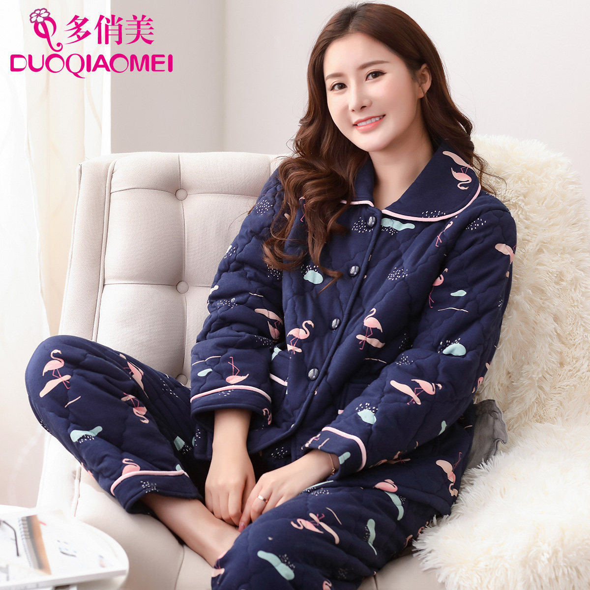 Korean version of cotton pajamas set ladies winter warm autumn and winter three layers of thick cotton home clothing cotton jacket