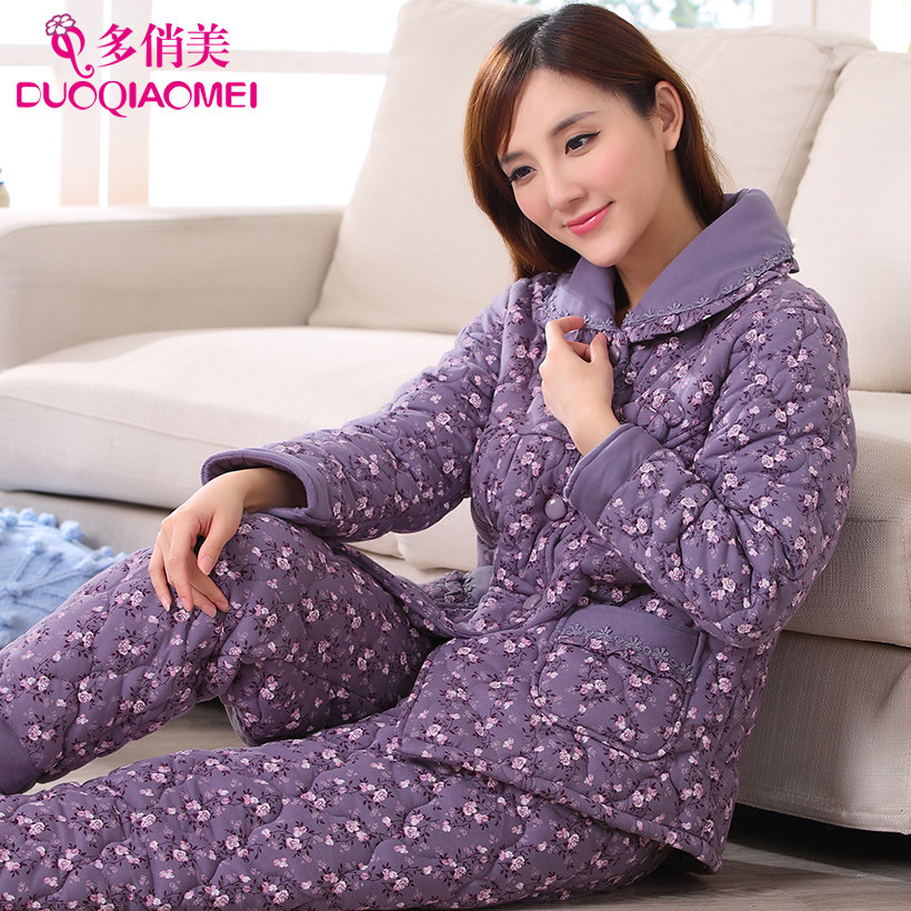 Winter pure cotton clamp pajamas lady set cotton thickening warm middle-aged mom home clothes large in autumn and winter