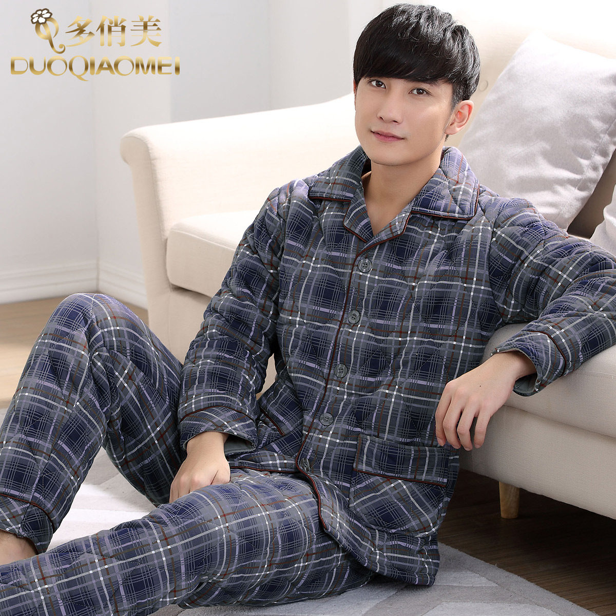 Multi-playful beauty pure cotton bunk cotton pyjamas men's all-cotton thickened warm autumn winter style suit for the winter suits The men's style