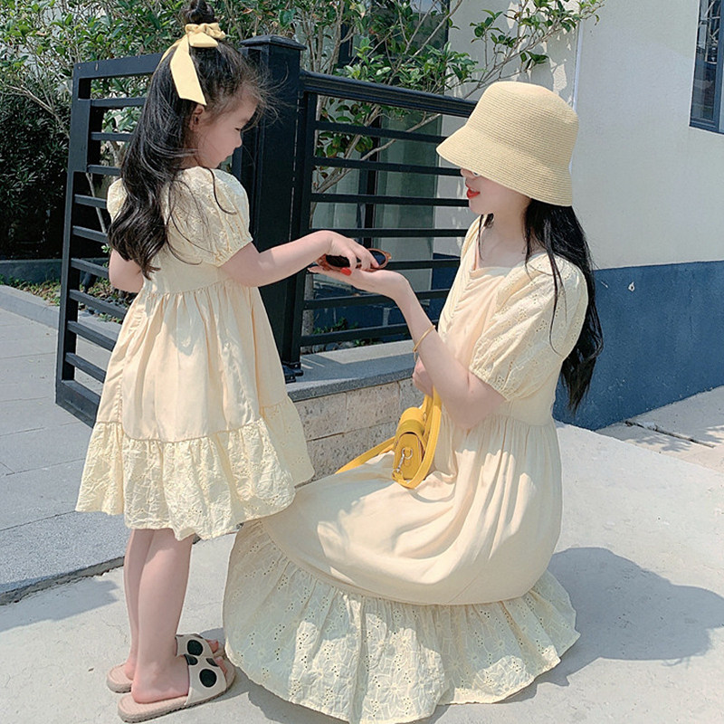 Net Red Ocean Party Leads Lace Bubble Cuff Holiday Princess High-end Foreign Dress 2021 Summer Parenting Female Bestie Dress