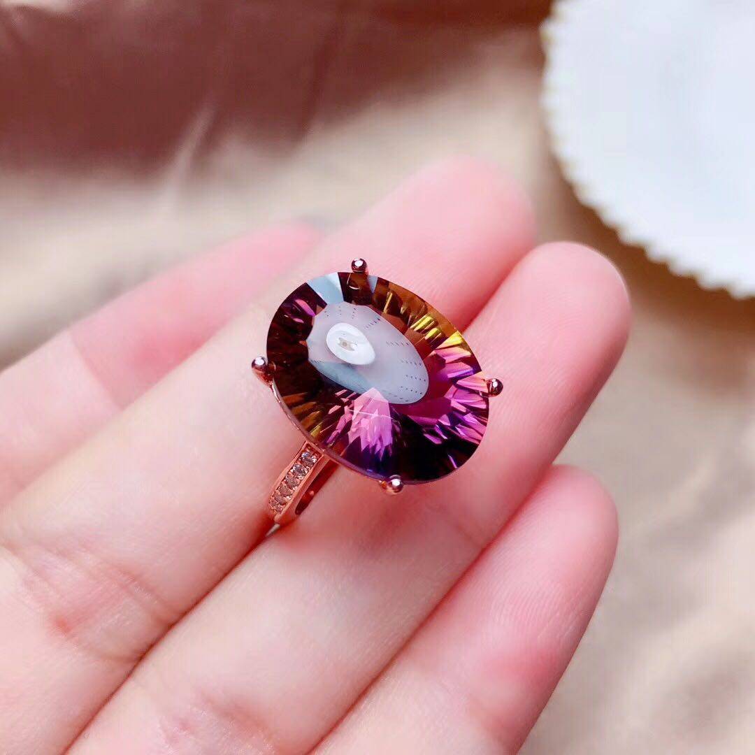 Half purple and half yellow gradient color Zhao Cai Wangfu amethyst full net body Fire burst ring center stone 925 silver