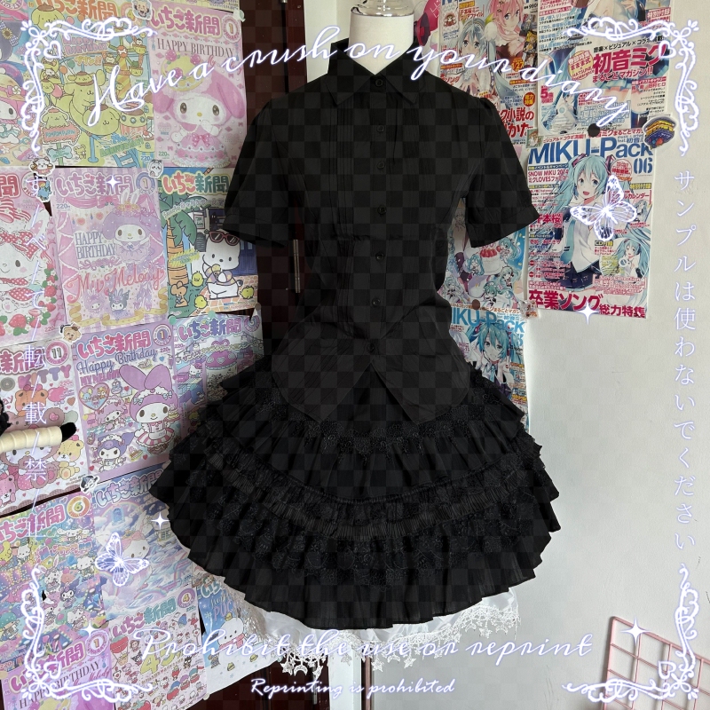Japanese Subculture Lolita Gothic Punk Vintage Y2K Versatile Black Gothic Style Slim-Fit Short-Sleeve Shirt