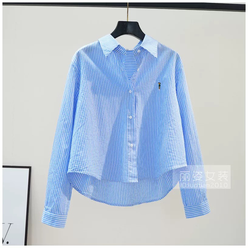 Patterned Short Striped Shirt for Women, Thin Cotton Shirt, 2024 New Product, Long-Sleeved, Loose, Versatile Top, Artistic Style