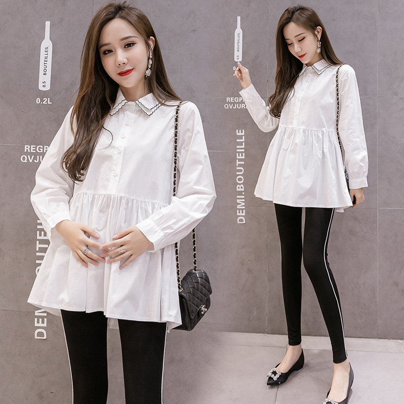 Pregnant women spring fashion Korean version of professional dress long sleeves lapel shirt loose casual blouse summer dress pregnant women T shirt spring