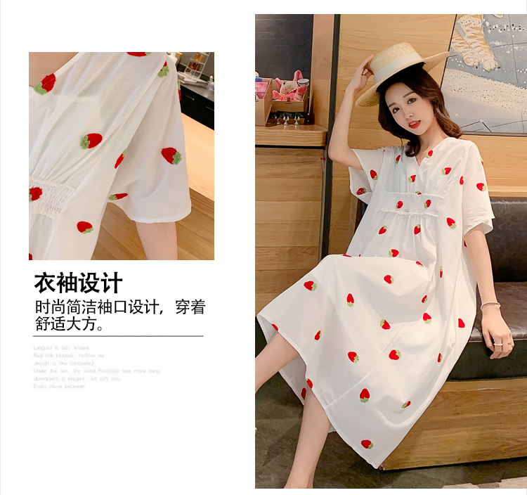 Váy bà bầu hè 2019 thời trang mới Hàn Quốc thêu dâu tây ngắn tay Váy bà bầu rộng kích cỡ váy - Áo thai sản đầm bầu
