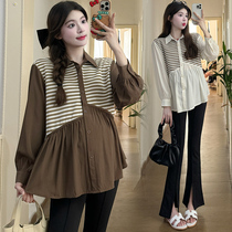 Maternity wear spring fake two-piece spliced ​​striped long-sleeved lapel shirt loose casual top spring pregnancy shirt