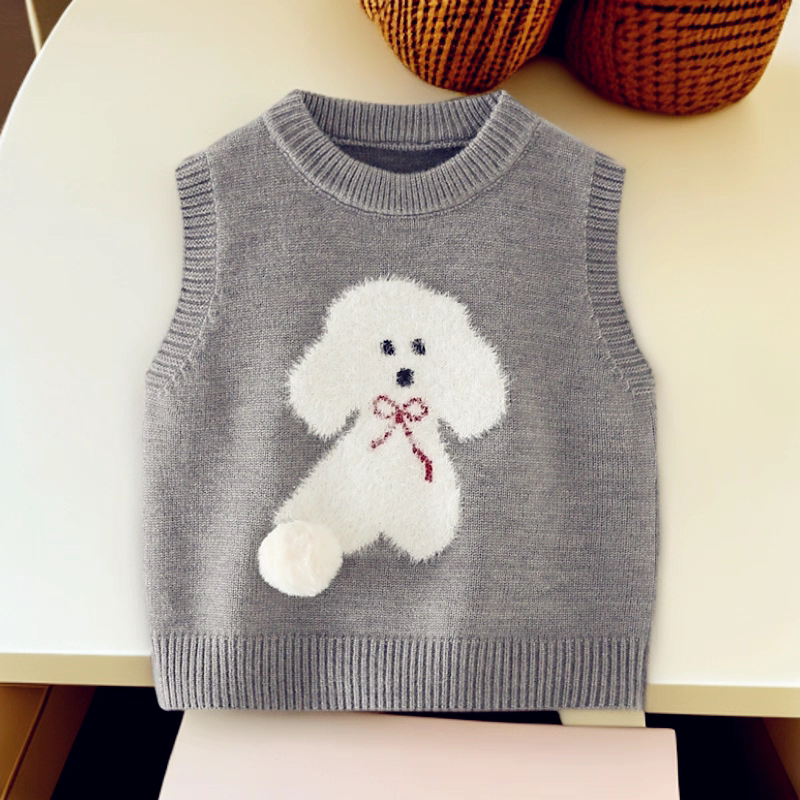 Niche Round-Neck Cartoon Puppy Knitted Vest for Spring and Autumn, Loose Sleeveless Layered Design Sweater Vest