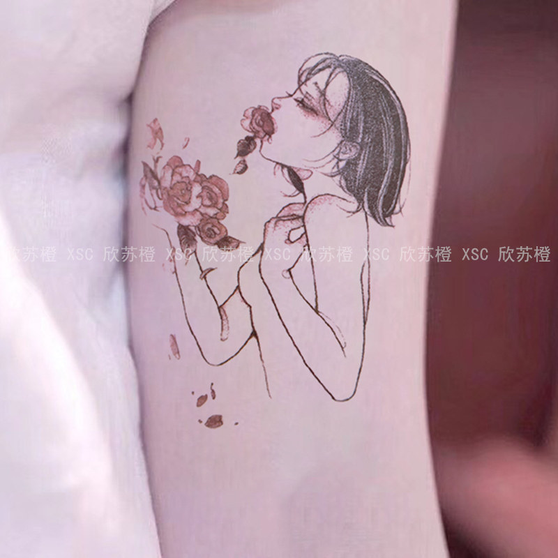 Hinsu Orange Tattoo Sticker Waterproof Female Persistent Fresh Personality Dark Black Character Pattern Original Juku Rose Tattoo
