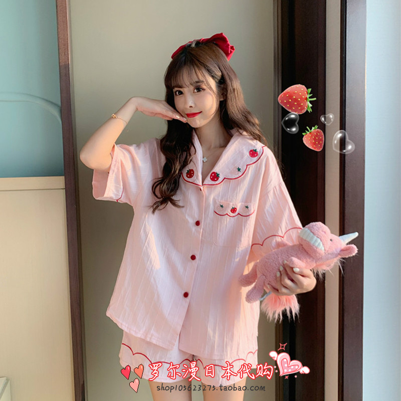 Japan Soft Honeys Summer Cute Teenage Strawberry Short Sleeve Pyjamas Women Shorts Home Suit Suit