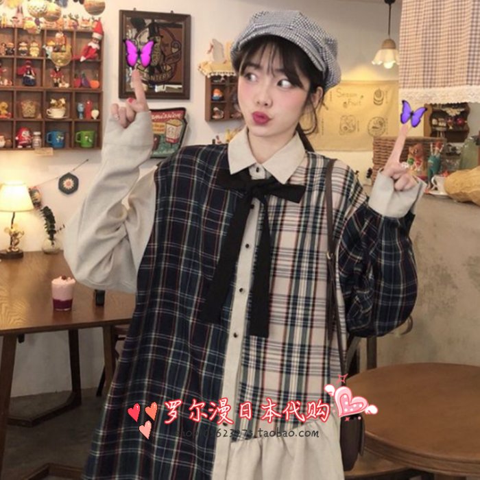 Japan one spo retro plaid college style plaid shirt dress women 2019 new spring and autumn