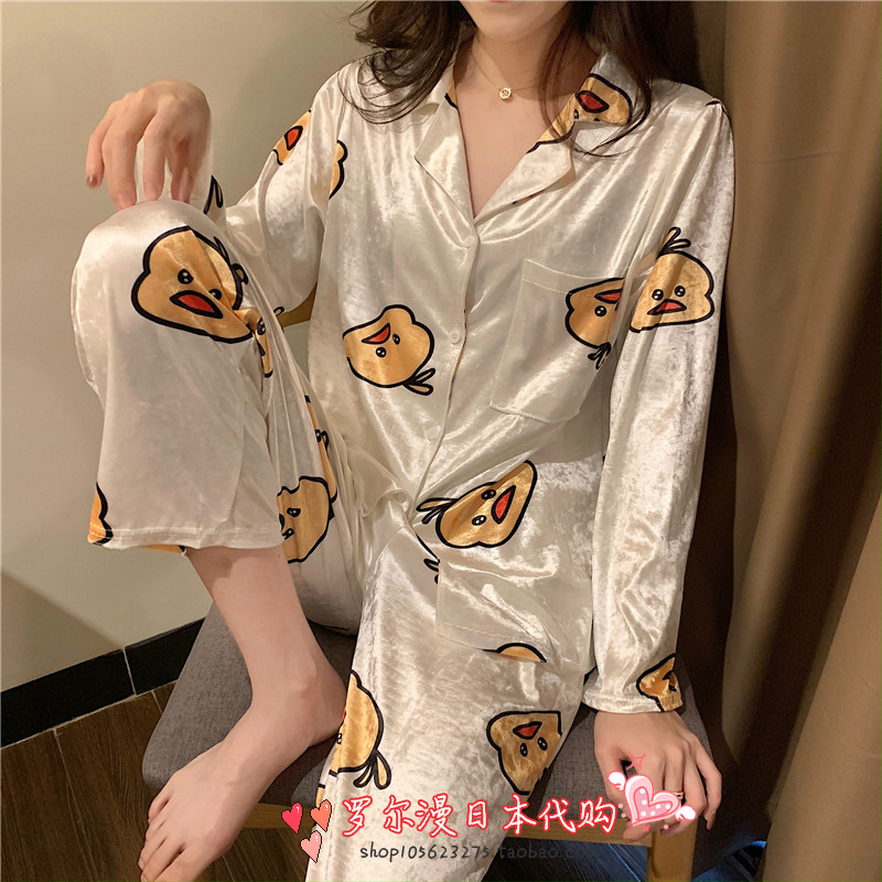 Japan Soft Honeys Cartoon Small Chicken Pyjamas Woman Spring Autumn Cute Printed Gold Velvet Home Suit