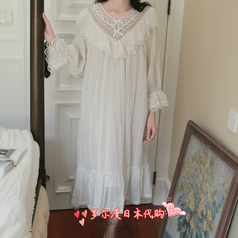 Japan Soft Honeys Princess Palace Wind Pure Cotton Sleeping Skirt Woman Spring Autumn Lace Florian Lace Home Pyjamas