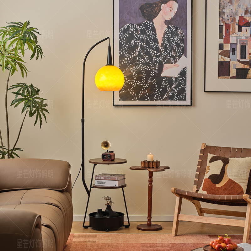 Bedside Table with Integrated Grapefruit Lamp, Floor Lamp in Mid-Century Style, Ambient Lighting Beside the Sofa in the Living Room, Coffee Table, Fishing Lamp