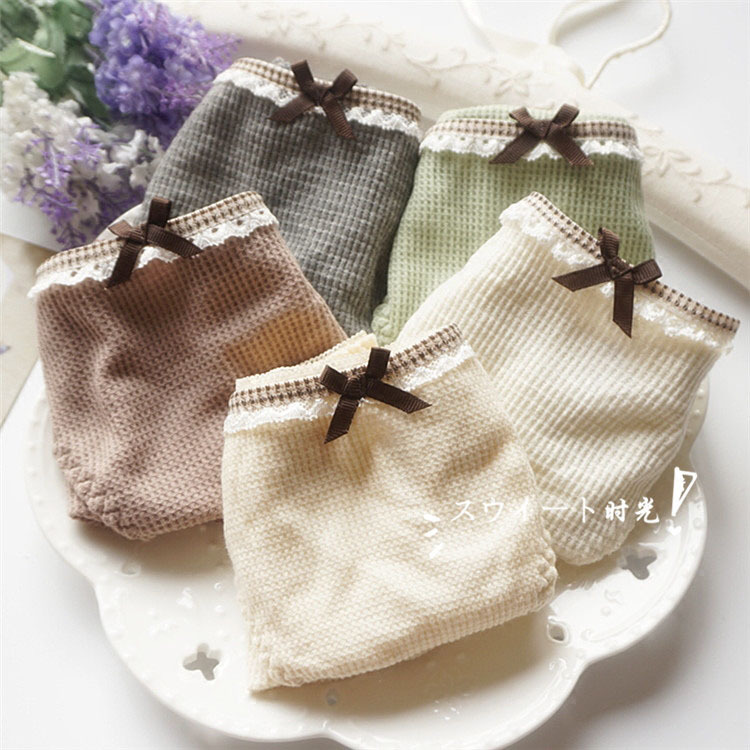 4 pieces of Japanese cotton thread grid comfortable girl cute cotton bow panties Student briefs