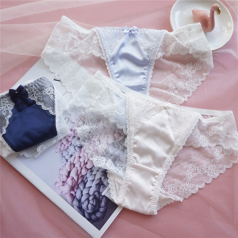Sexy Lace Sheer Panties Girls Satin Comfortable Cotton Crotch Low Waist Ladies Briefs Bowknot Sweet Shorts