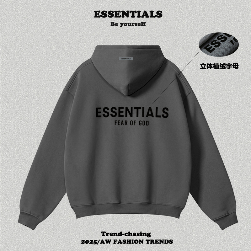 Multi-Line Essentials Hoodie with Letter Flocking on Both Sides, Loose Fit for Men and Couples, Fog Hoodie Jacket