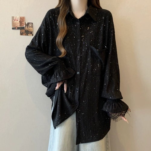 Осенний черный лонгслив, длинные блестки для ногтей, рубашка, большой размер, изысканный стиль, свободный крой, средней длины