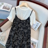 Летняя одежда, платье-комбинация, мини-юбка, футболка, шифоновый комплект, платье, большой размер, подходит для полных девушек, по фигуре, цветочный принт