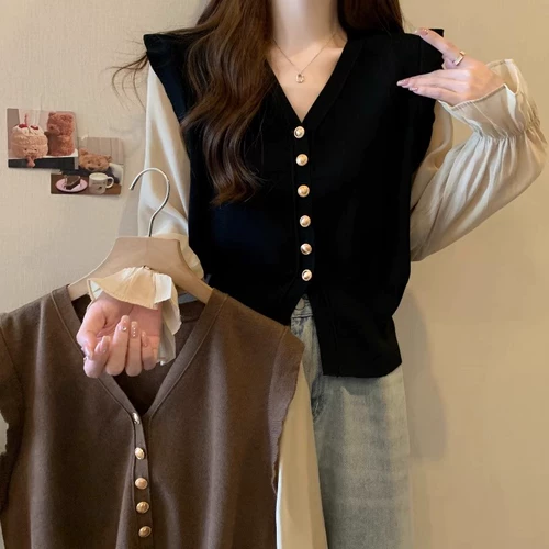 Осенний трикотажный кардиган, комплект, лонгслив, большой размер, рукава фонарики