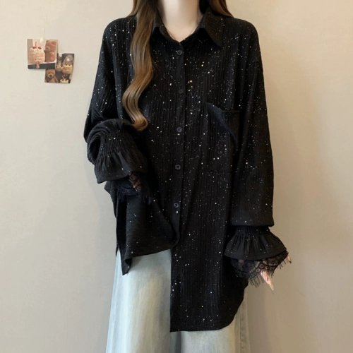 Осенний черный лонгслив, длинные блестки для ногтей, рубашка, большой размер, изысканный стиль, свободный крой, средней длины