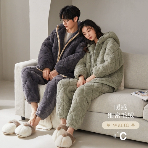 Коралловая бархатная демисезонная стеганая пижама для влюбленных, утепленная толстовка с капюшоном подходит для мужчин и женщин, увеличенная толщина, коллекция 2023