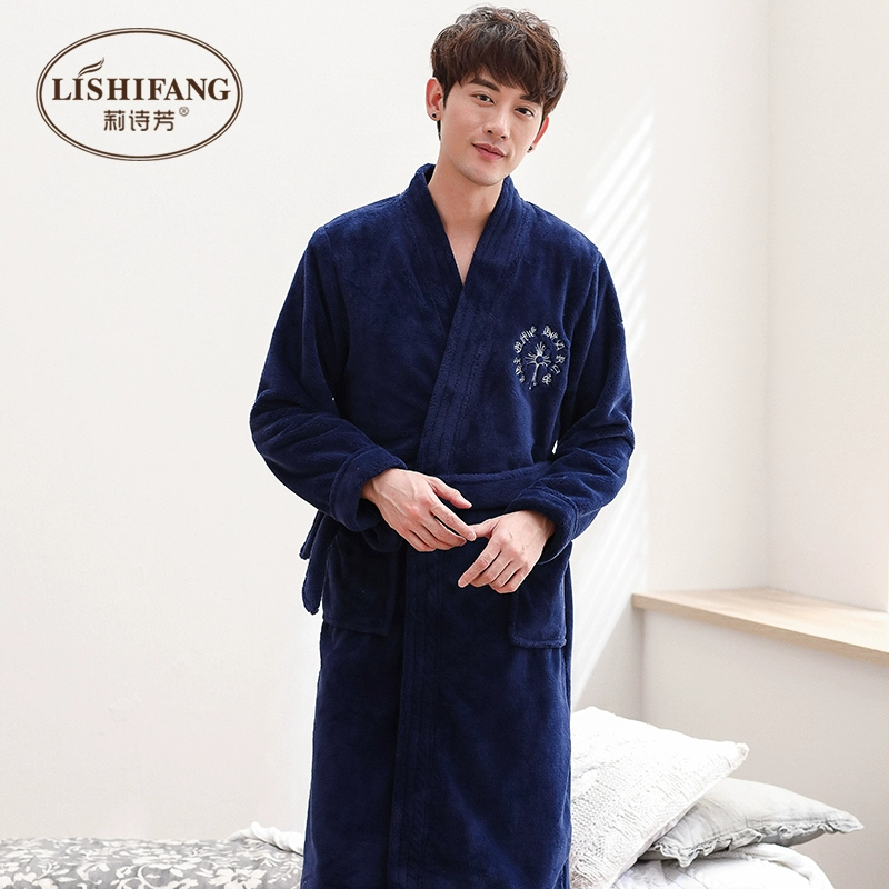 Flannel áo choàng nam mùa đông dày áo choàng tắm dài đồ ngủ nam kích thước lớn ấm áp nhung nhung áo choàng tắm mùa thu và mùa đông