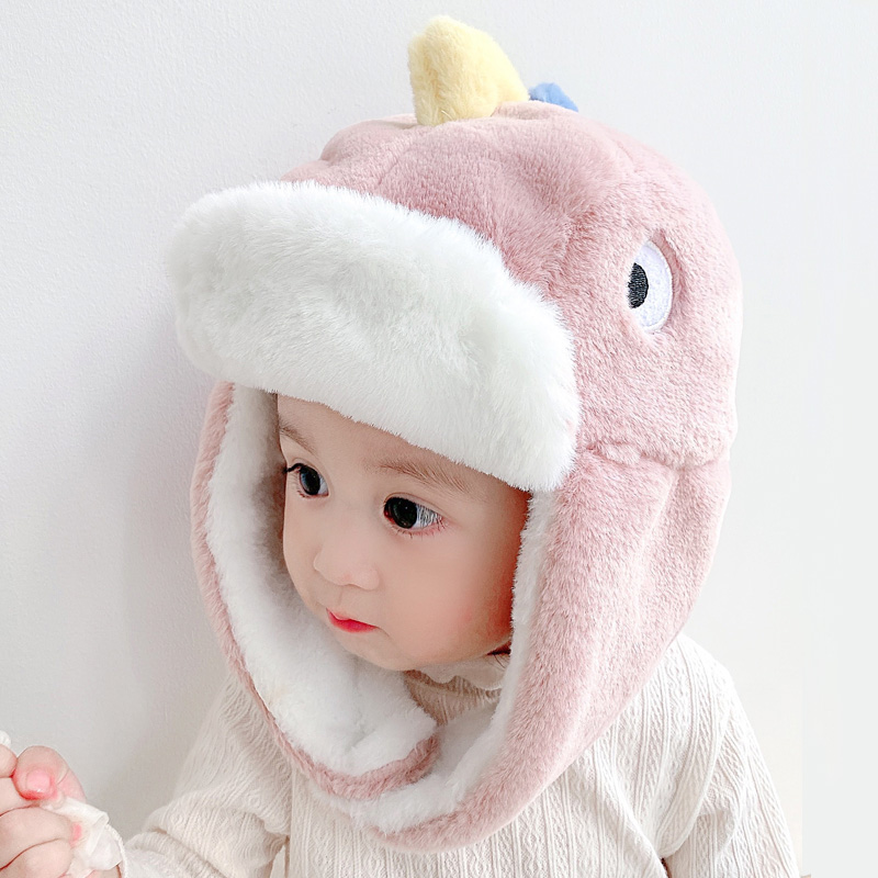 Children's hats autumn and winter plush ear caps plus velvet thickened warm Lei Feng hats boys and girls dinosaur baby hats winter
