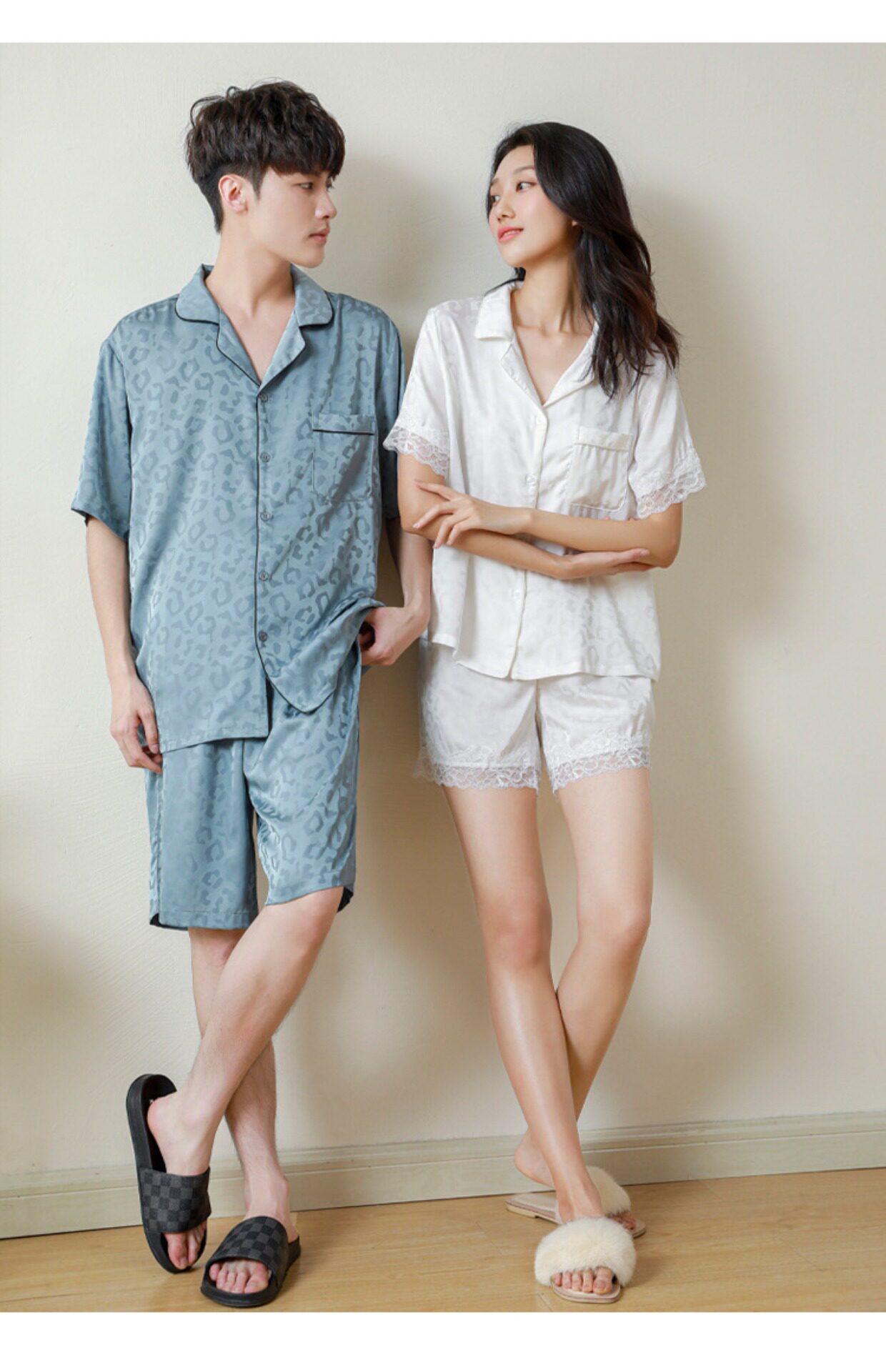 Летняя шелковая пижама, комплект, для влюбленных, короткий рукав 