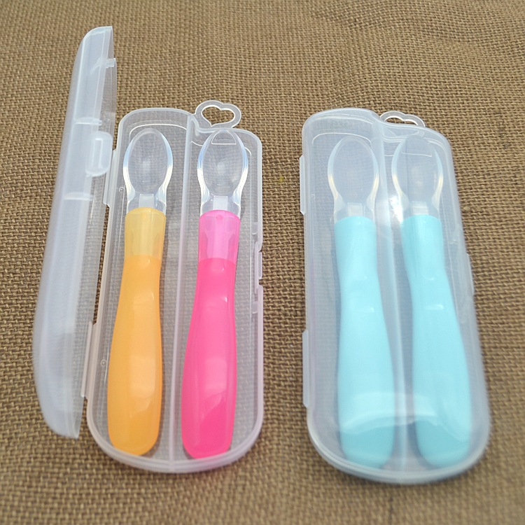 Two Silicone Soft Tip Spoons with Storage Box Baby Infant Feeding Rice Paste Spoon 0-1-2 Years Old