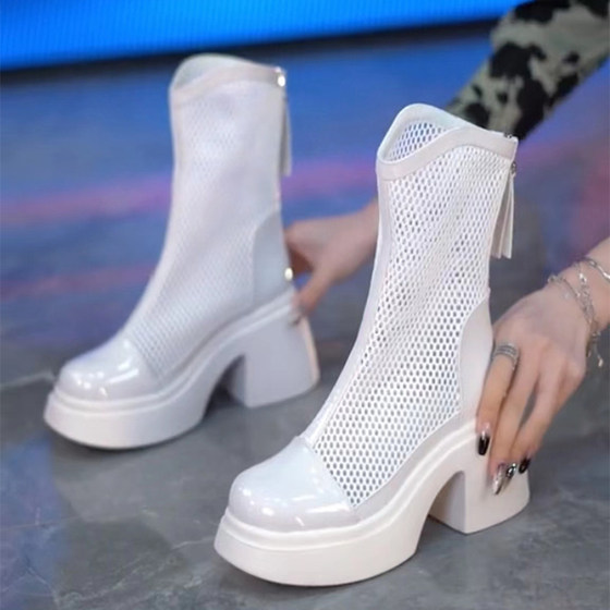 
European and American fashion slim short tube high heel fashion boots mesh boots 2025 summer round toe thick sole thick heel hollowed-out boots