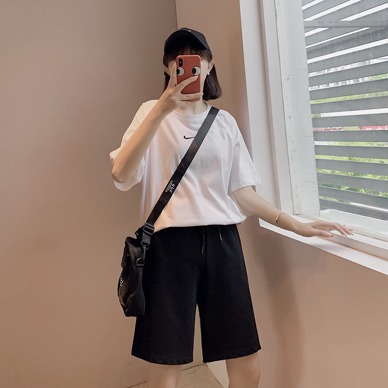 Sports shorts women's summer thin section loose 2021 new high waist straight tube slimming large size fat mm cotton five-point five-point pants