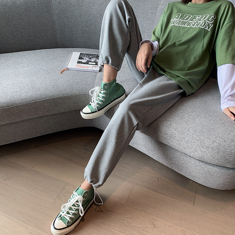 Gray sweatpants women's 2021 new loose-fitting straight leg drawstring autumn cotton small man casual bloomers